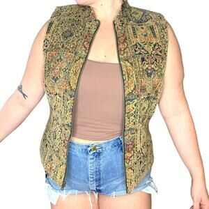 Vintage Tapestry Kilim Antique Victorian Style Woven Zip Up Boho Vest Large